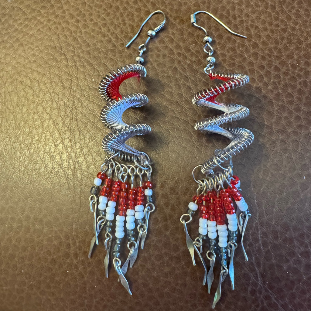 Silver Tone Red/White Threaded Spiral Weave W/Seed Beads Dangle Earrings